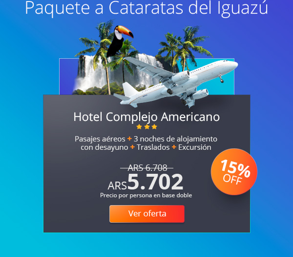 Paquete a Cataratas del Iguaz&uacute;. Pasajes a&eacute;reos + 3 noches de alojamiento con desayuno + Traslados + Excursi&oacute;n. 15% OFF ARS 5.702 Precio por persona en base doble. Ver oferta.