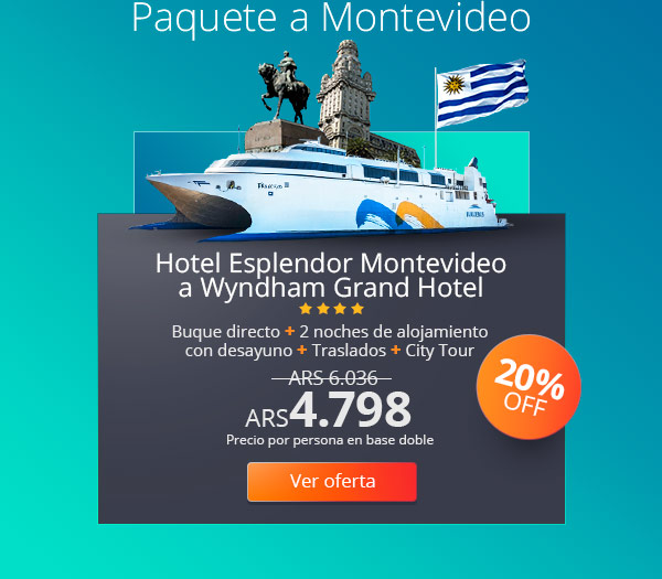 Paquete a Montevideo. Buque directo + 2 noches de alojamiento con desayuno en Hotel Esplendor Montevideo a Wyndham Grand Hotel **** + Traslados + City Tour. 20% OFF ARS 4.798 Precio por persona en base doble. Ver oferta.